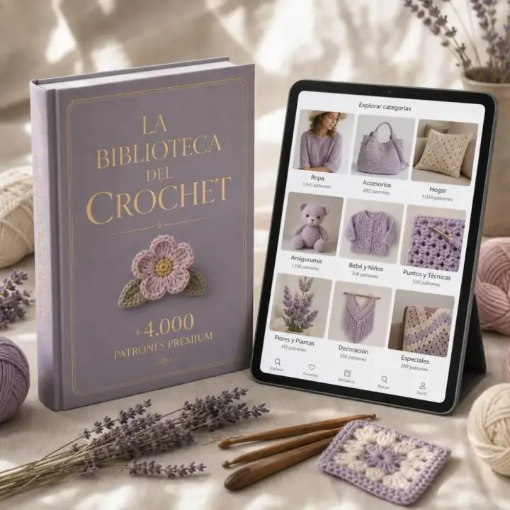 La Biblioteca del Crochet — libro y tablet con patrones premium